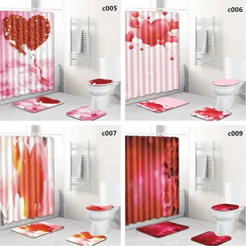 

4Pcs/Set Romantic Pattern Bathroom Mat Rug Cover+Shower Curtain Set for Lovers