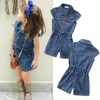 

Kids Baby Girl Summer Denim Romper Cute Girl Pocket Turn-down Collar Jumpsuit Outfits 2-7 Years