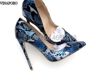 

2019 Brand fashion Women Shoes Blue Snake Printed Woman Shoes Sexy Stilettos High Heels 12cm/10cm/8cm Pointed Toe Women Pumps