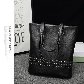 

Women PU Leather Female Handbag Autumn Bag Large Size Women Shoulder Bag Daily Vintage Bag Causal Rivet Bag(Black)