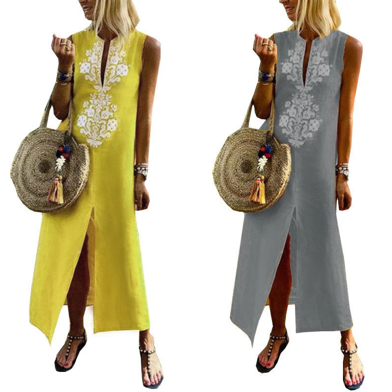 

ZANZEA Summer Maxi Dress Women Floral Printed Long Sundress Female Split Hem Solid Cotton Linen Dress Party Vestido Femme Robe