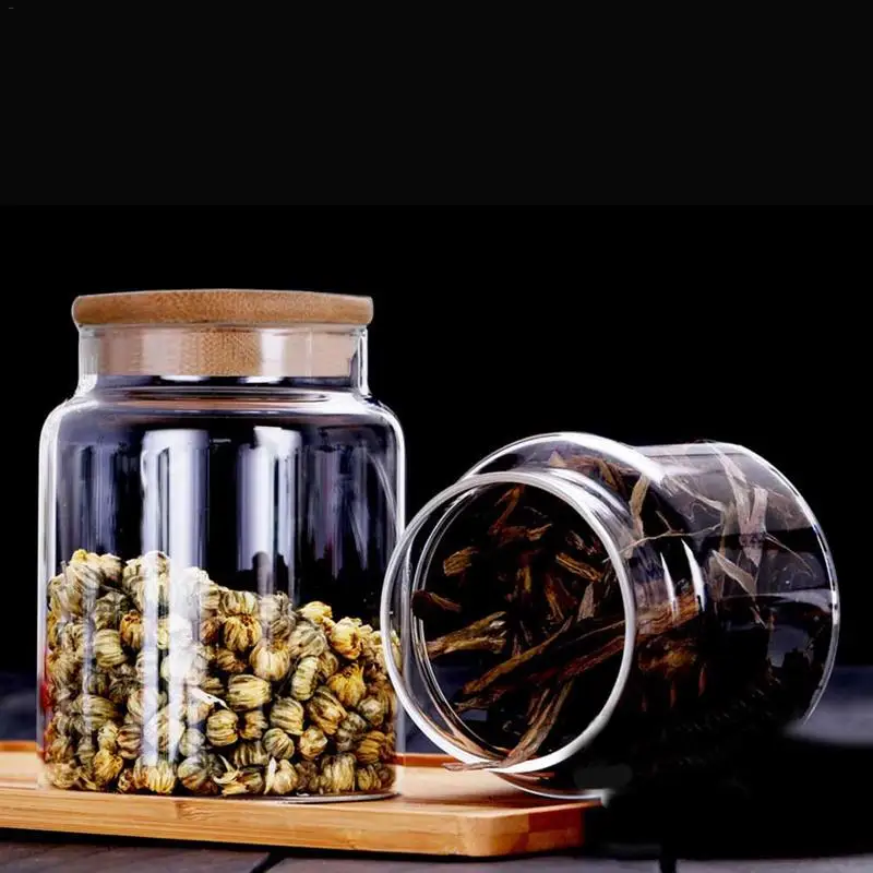 Glass Food Storage Bottle Wooden Cover Sealed Grains Nuts Tank Can Kitchen Sorting Food Storage Box Container