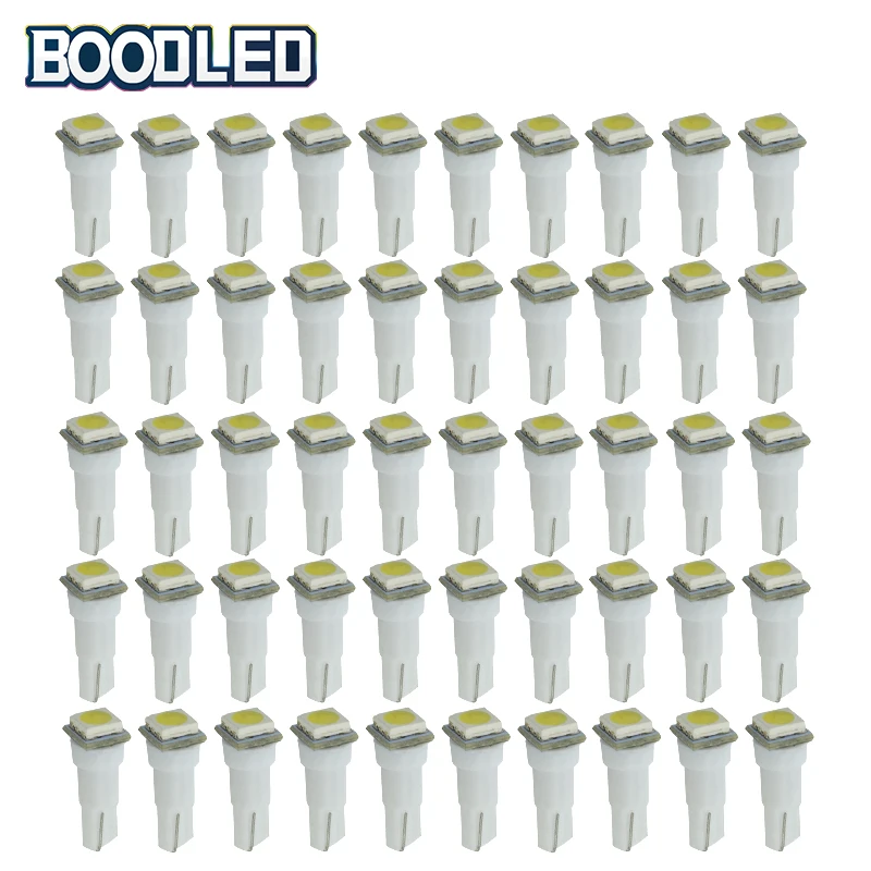 50pcs T5 LED Light 5050 1 SMD Bulbs White Auto Dashboard Gauge Lamps Car Wedge Warning Indicator Instrument Lights DC 12V | Автомобили и