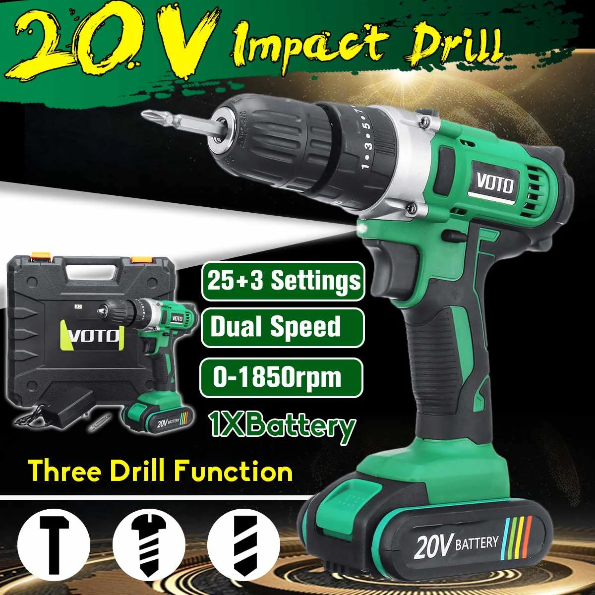 

Electric Screwdriver Cordless Drill Impact Drill Power Driver 20V Max DC Lithium-Ion Battery 1850R/Min 2-Speed