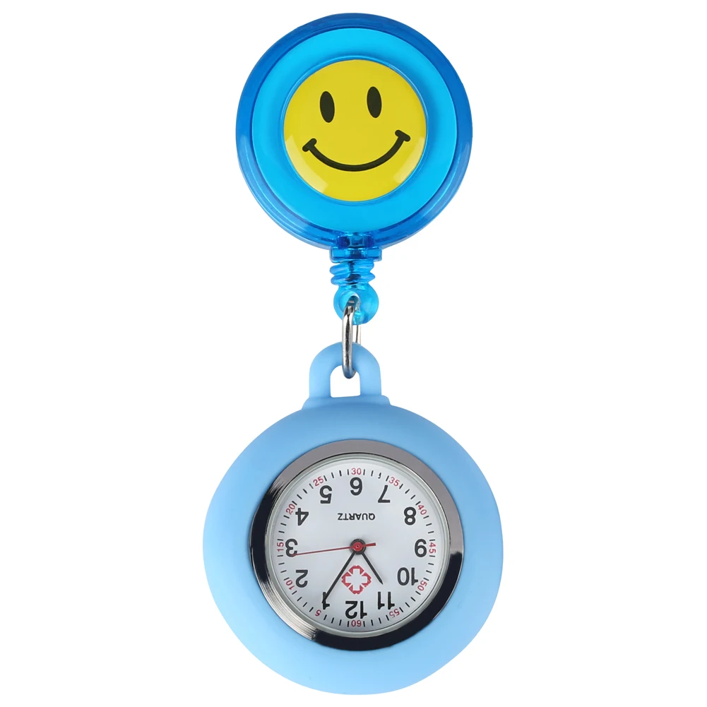 

Yellow Smiling Face Dial Nurse Pocket Watch Colorful Retractable Rope Stainless Steel Pendant Clock Clip Quartz Pocket Watches
