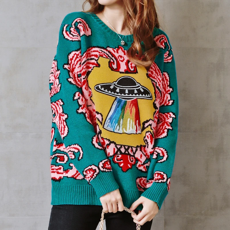 Women's Wool Runway Vintage Sweater Women Clothes Winter Warm Boho Sweaters UFO Clouds Pullover Retro Harajuku Loose Jumper Top | Женская
