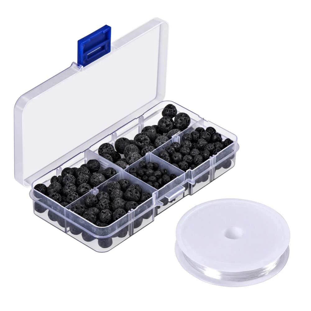 

300pcs Black Lava Stone Round Loose Beads with Free Crystal String for Jewelry Making