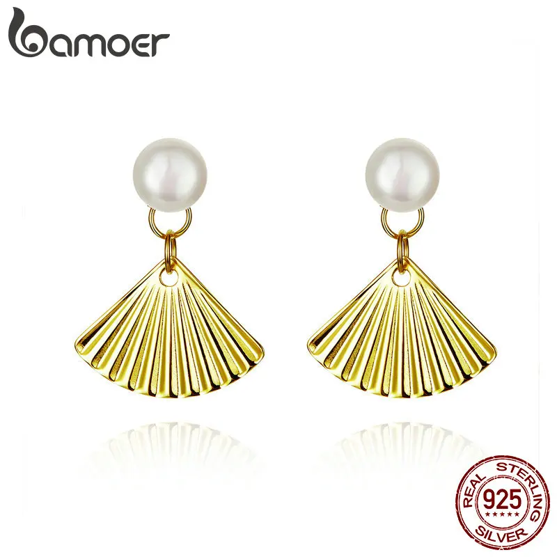 

BAMOER Silver Sterling 925 Gold Color Shell Pearl Earrings for Women Design Fan Korea Style Elegant Ear Accessories SCE596