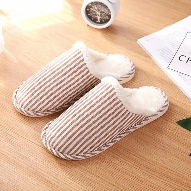 

New Unisex Autumn Winter Warm Cotton Striped Slippers Women Men Casual Slipper Plush Indoor Bedroom Couple Lovers Slippers
