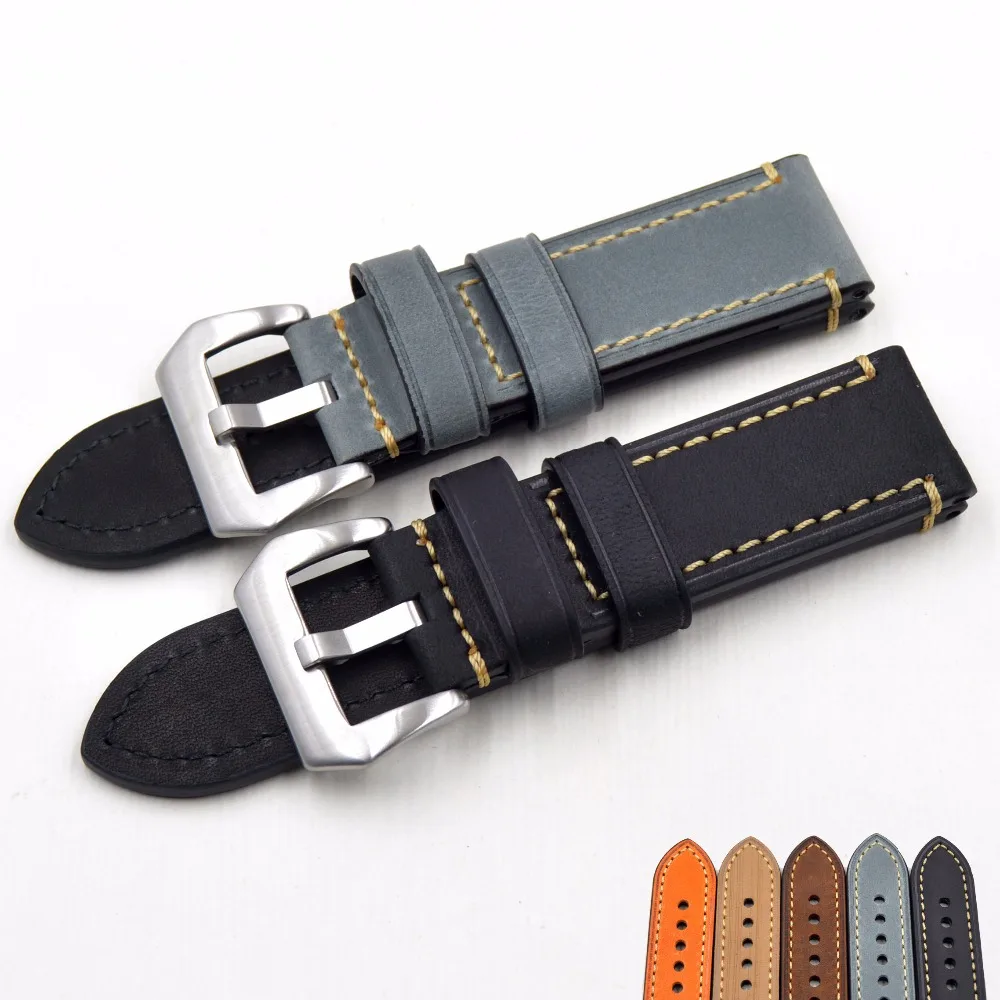 

High quality thick leather Watchbands Men Watch Band Strap for pam Belt Stainless Steel Buckle 20 22 24 26 mm relogio Wristband