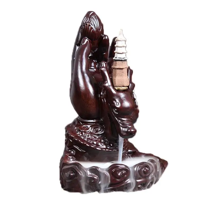 

Dragon Head Smoke Waterfall Incense Burner Holder Black Sandalwood Backflow Incense Burner Buddha Hand Censer Incense Road