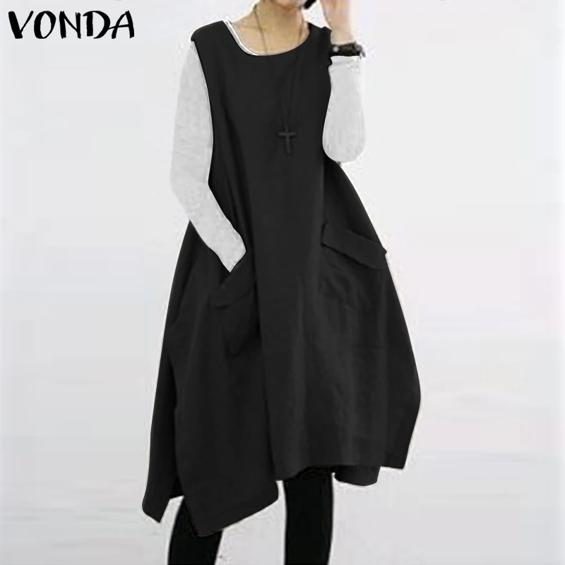 VONDA Women Vintage Dress 2020 Sexy Sleeveless O Neck Loose Baggy Split