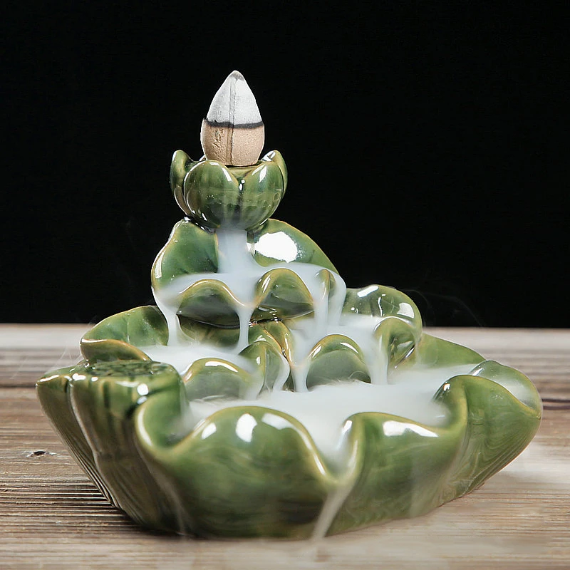 Ceramic Lotus Pond Cone Smoke Back flow Incense Burner Stick Holder