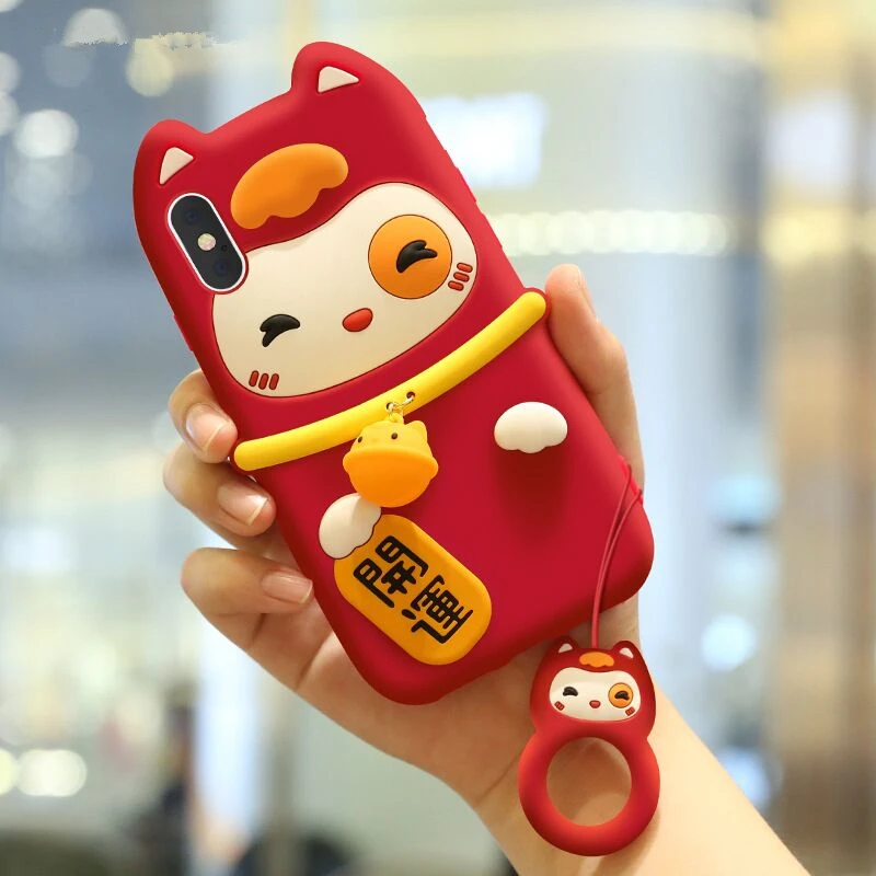 

iPhone 6/6s/6s Plus/7/7 plus/8/i8 Plus/X/iXS max/iXR/XS silicone soft case,cellphone protection housing,cute cate,red,with sling