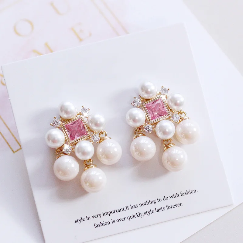 

Fashion Gold tone Sweet princess Small Square Pink Stone Earrings Girl Pear Earring Women Jewelry Party Cubic zirconia Accessory