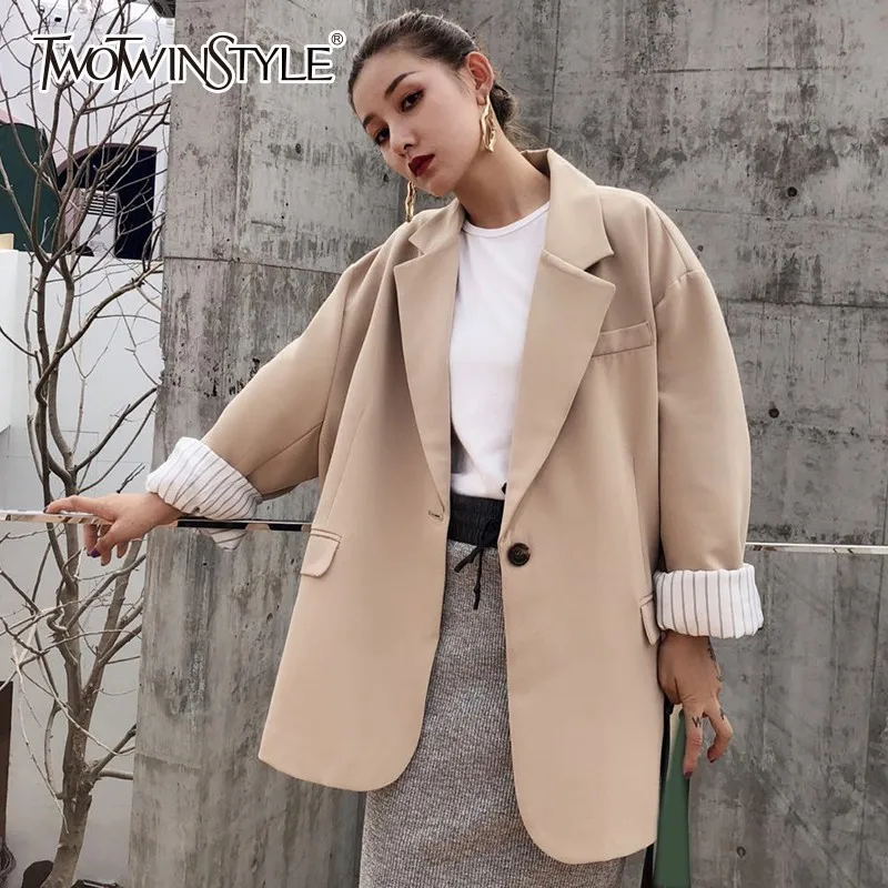 

TWOTWINSTYLE Casual Women's Blazer Coat Long Sleeve Single Button Black Outcoat For Women Oversized 2019 Autumn Fashion New