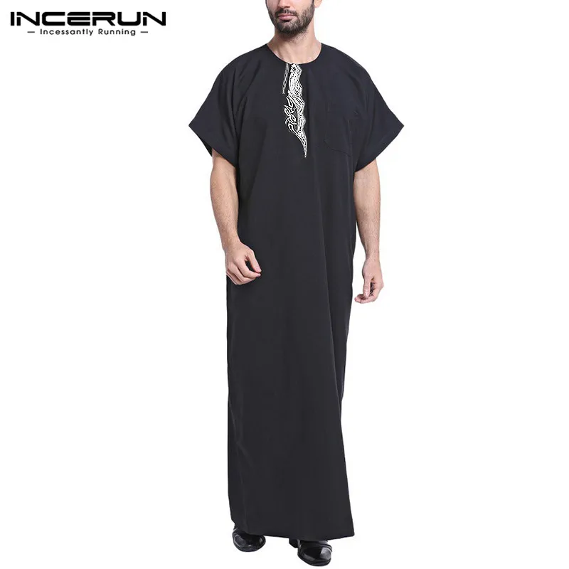 INCERUN, большой 5XL, саудовская Арабская Мужская одежда, короткий рукав, одноцветная, полная длина, домашняя одежда, свободная, винтажная, Исламская, кафтан, ТОБ, Jubba Hombre