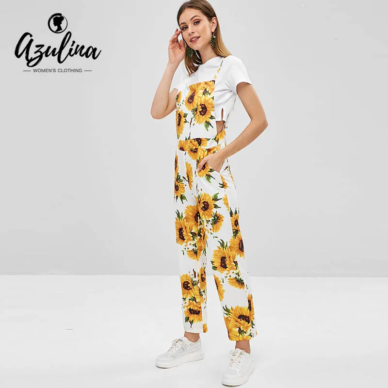 ZAFUL Sunflower Print Overalls Women Jumpsuit Summer Spring Backless Square Collar Sleeveless Long Rompers Ladies Clothes 2019 ZAFUL Sunflower Print Overalls Women Jumpsuit Summer Spring Backless Square Collar Sleeveless Long Rompers Ladies Clothes 2019