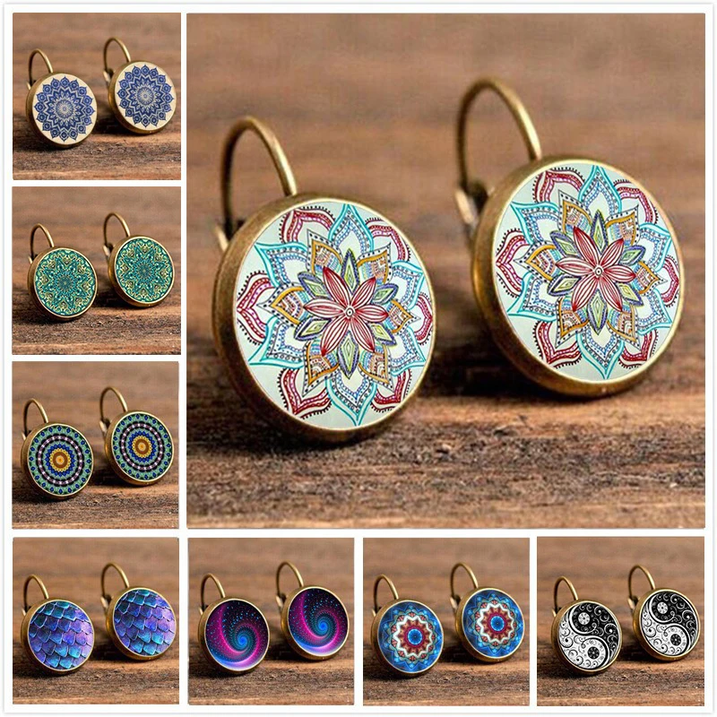 

Fashion New 1 pair Bohemian Geometric Time gem Vintage Women Exquisite Round Earings flower Pattern Jewelry Earrings
