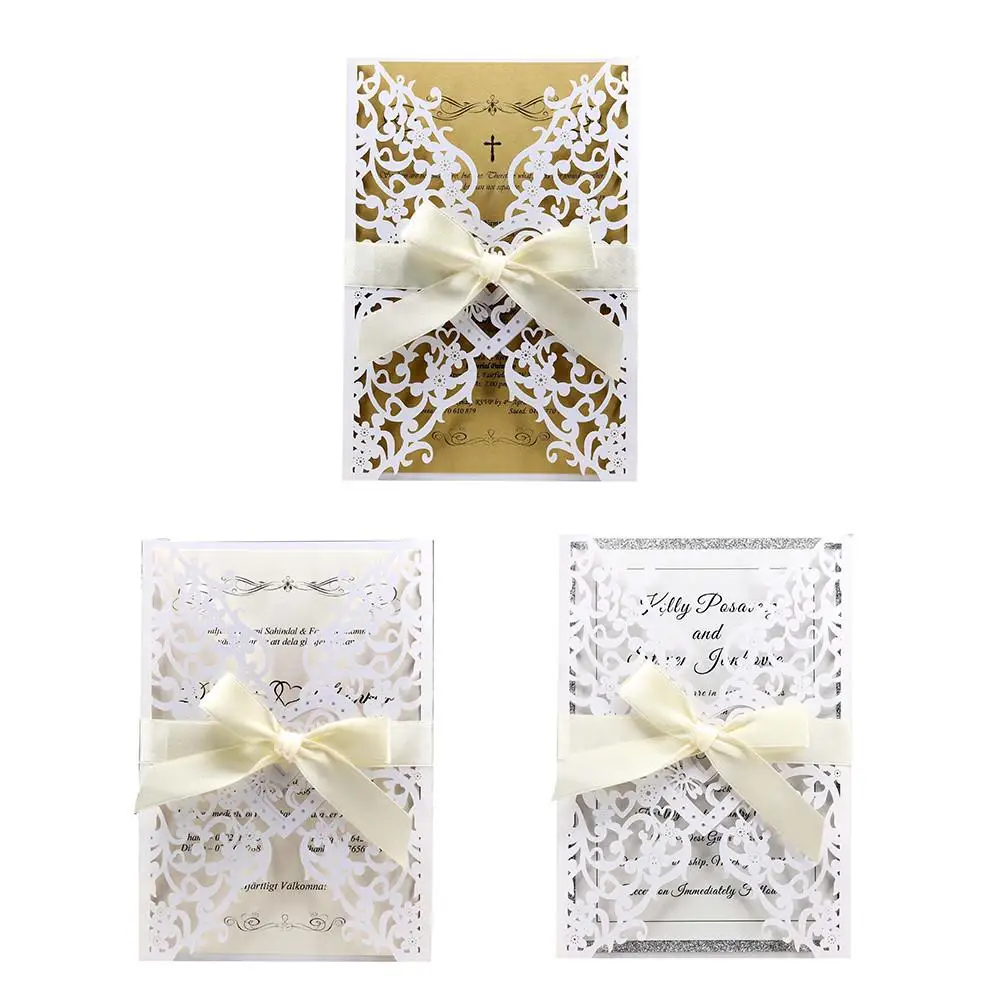 

10PCS Bowknot Heart Shaped Invitation Laser Cut Wedding Invitation Holiday Greeting Card Pearl Paper Cardboard Festival Cards