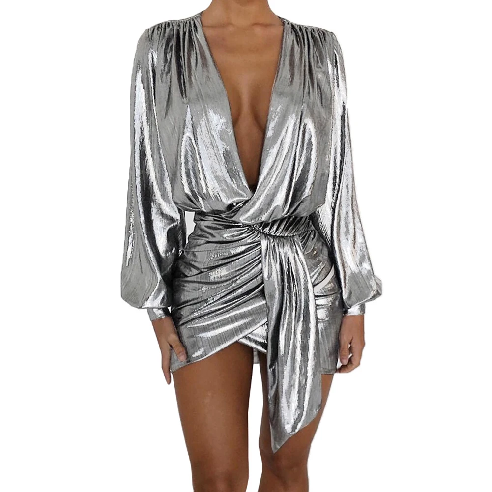 

Sexy Silver Long Sleeve Mini Dress Women Deep V Neck Ruched Night Out Clubwear Metallic Wrap Dress Asymmetrical Party Dresses