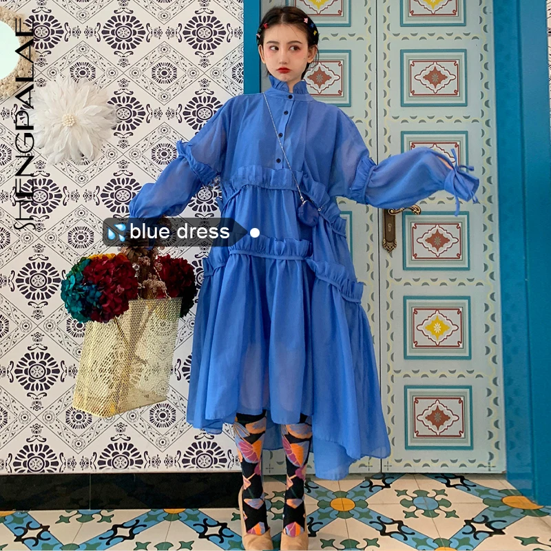 

SHENGPALAE 2019 New Korean Fashion Blue Ruffles Perspective Dresses Stand Collar Loose Casual Irregular Summer Dress Tide FM444