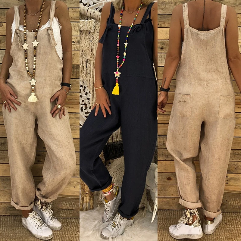 

2019 ZANZEA Ladies Overalls Vintage Casual Jumpsuits Dungarees Women Playsuit Female Solid Harem Pants Backless Pantalon S-5XL