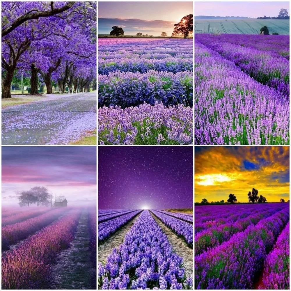 

Huacan Diamond Painting Flower Pictures Of Rhinestones Mosaic Landscape Full Drill Square Diamond Embroidery Lavender