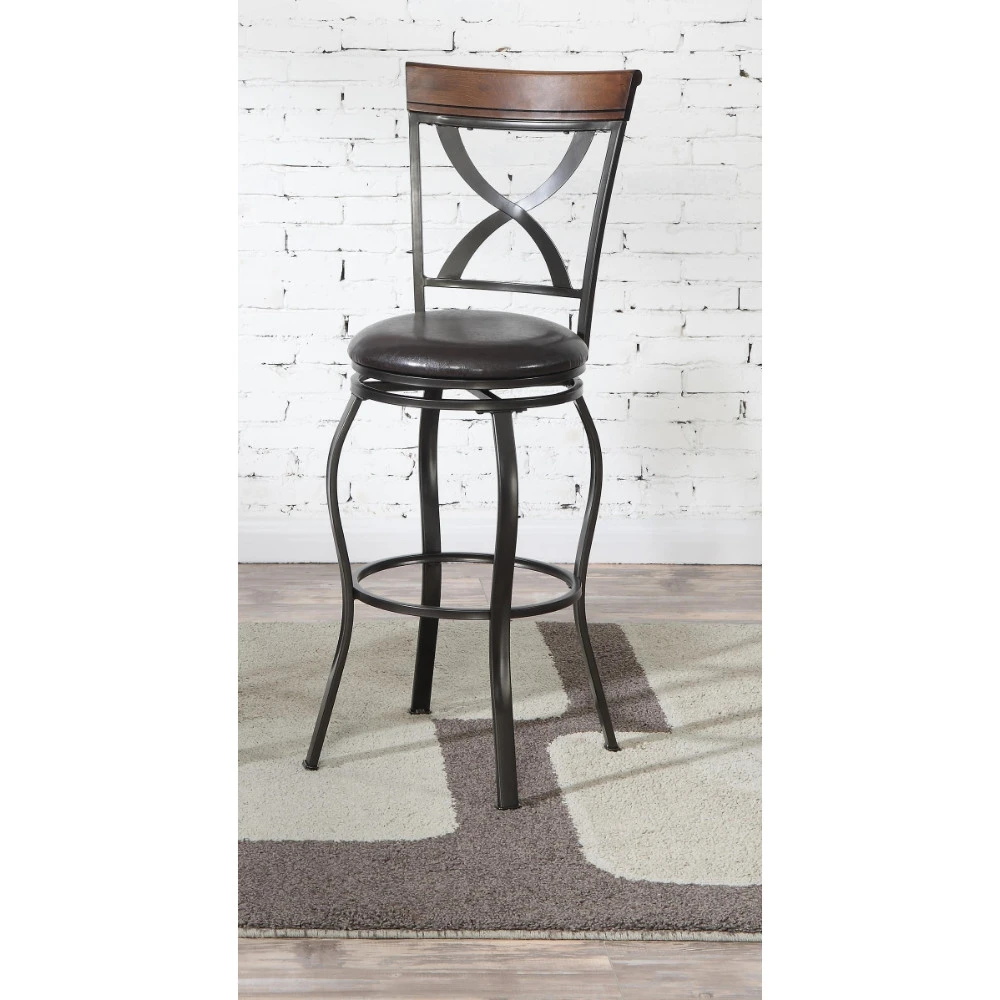 Modish Metal Solid Wood &amp Faux Leather Swivel Barstool Black (Set of 2) |