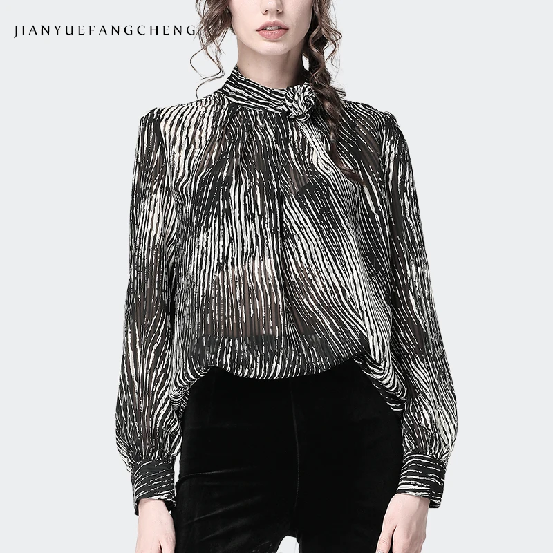 Long Sleeve Ladies Chiffon Blouse Summer Stand Collar