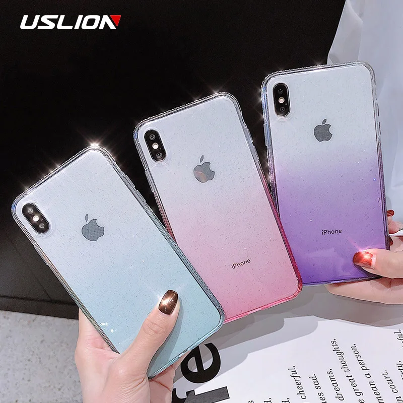 

USLION Glitter Powder Transparent Phone Case For iPhone 7 8 6 6s Plus Bling Diamond Soft Cover For iPhone XR X XS MAX Clear Case