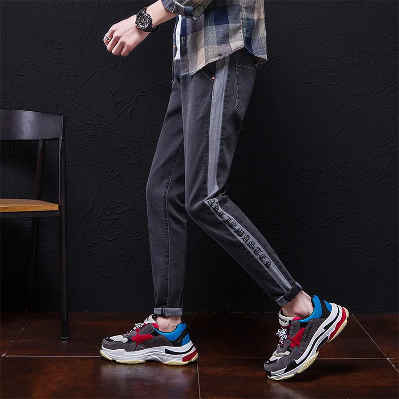 

#2069 Spring Summer Pencil Jeans Men Side Striped Casual Skinny Designer Jeans Men High Quality Fashion Slim Fit Black Grey Blue
