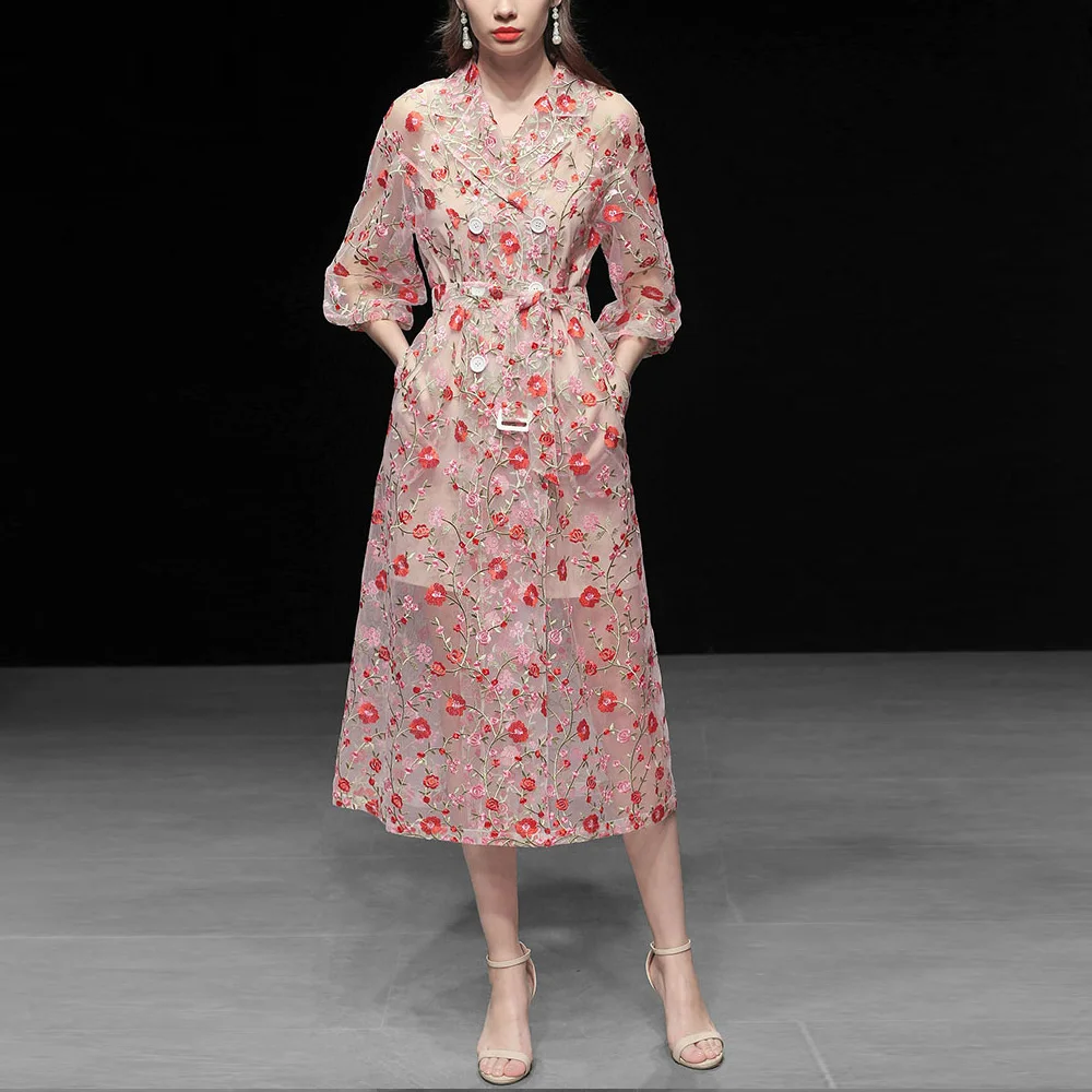 

Vintage Gauze Flower Embroidery Overlay Trench Coat Women Double-Breasted Notched Lantern Sleeve Belt Mesh Long Coat Outerwear