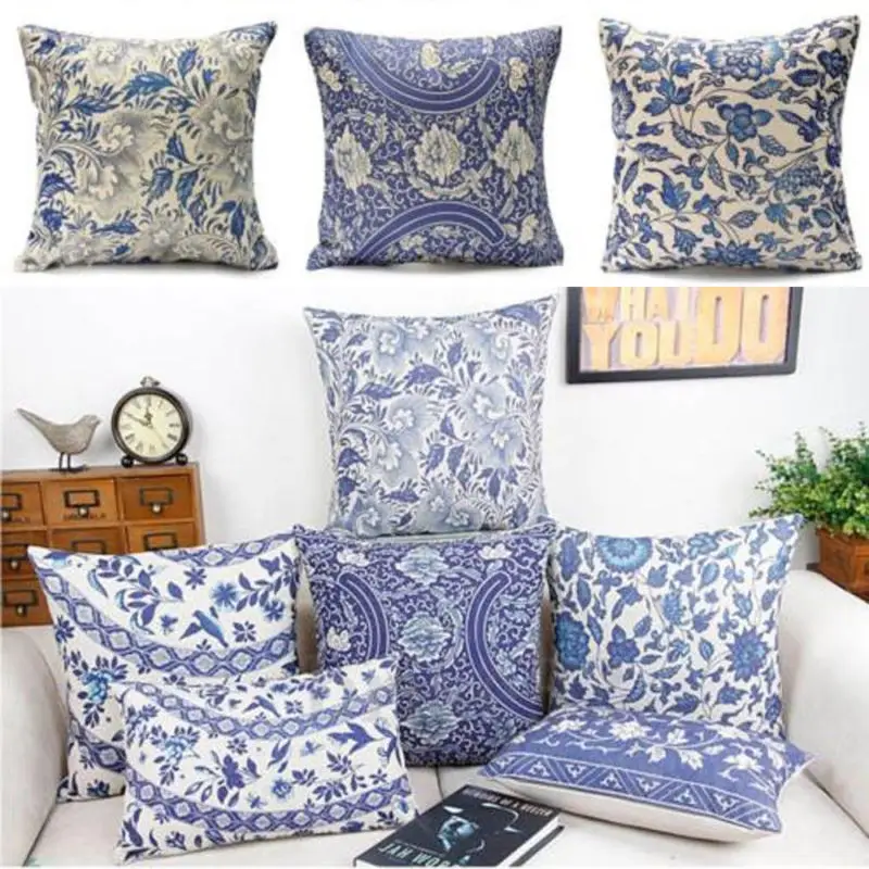 18'' Oriental Blue Floral Cotton Linen Cushion Case Pillow Case Home