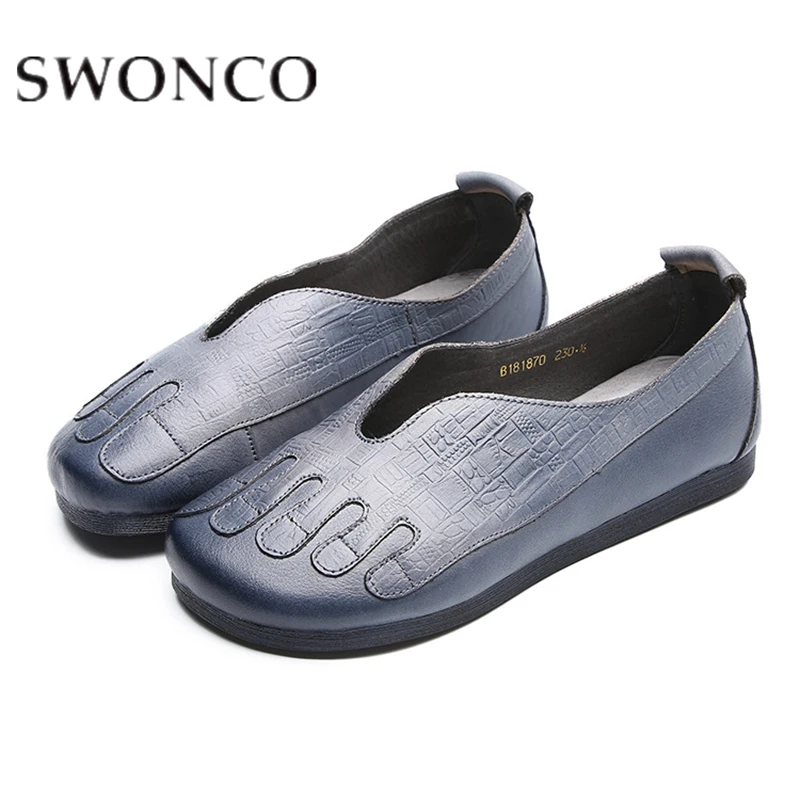 

SWONCO Loafers Women Natural Leather Handmade Slip-On Woman Flats 2019 Summer Grandma Flats Breathable Finger Print No Rubbing