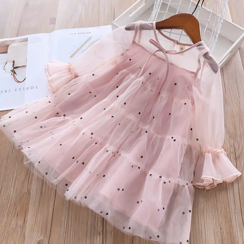 

spring girl dress pink ruffles baby tulle dress fashion long sleeve kids dresses for girls party clothing holiday boutiques Y