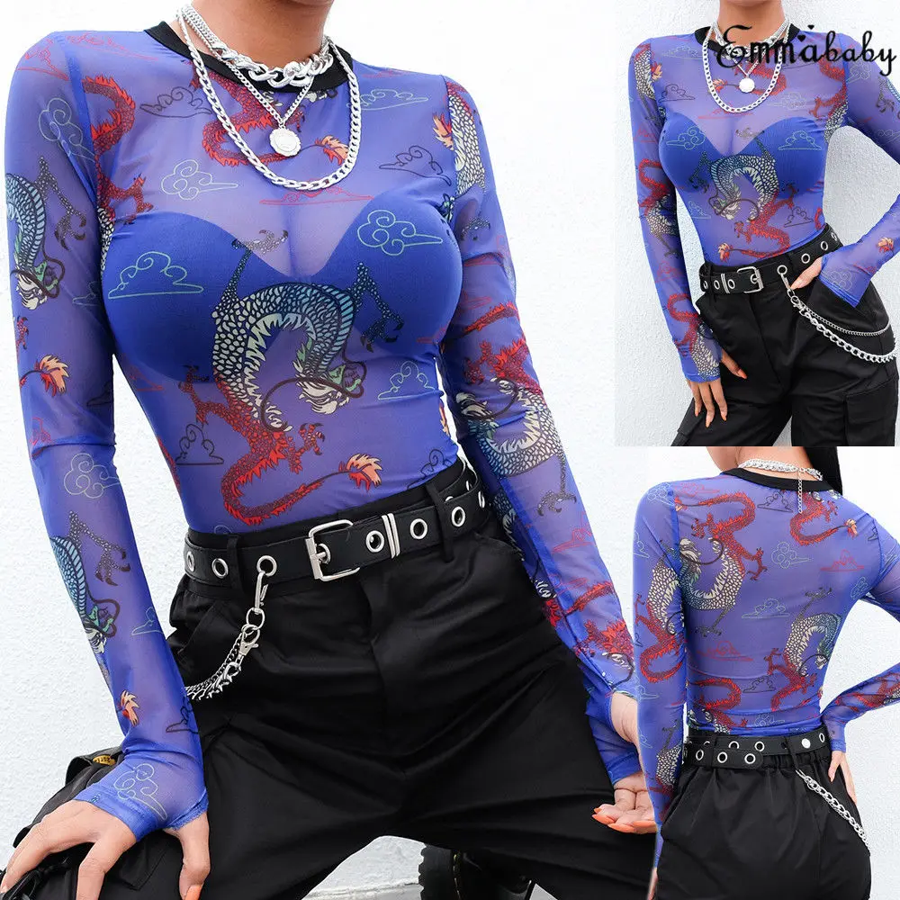 

2019 Sexy Women Animal Printed Blouses See Through Transparent Mesh O Neck Long Gloves Sleeve Shirt Ladies Tops Tee Plus Size
