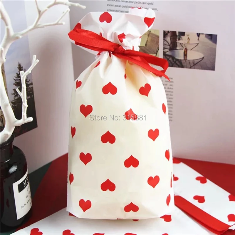 Red Heart Drawstring Bags Cookie plastic Bags Snacks,Party, Favor,Gift