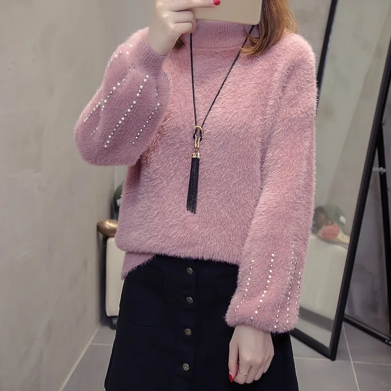 

Spring Autumn Sweater Women Turtleneck Loose Solid Color Knitted Warm Pullover Elegant Beading Long Sleeves Tops