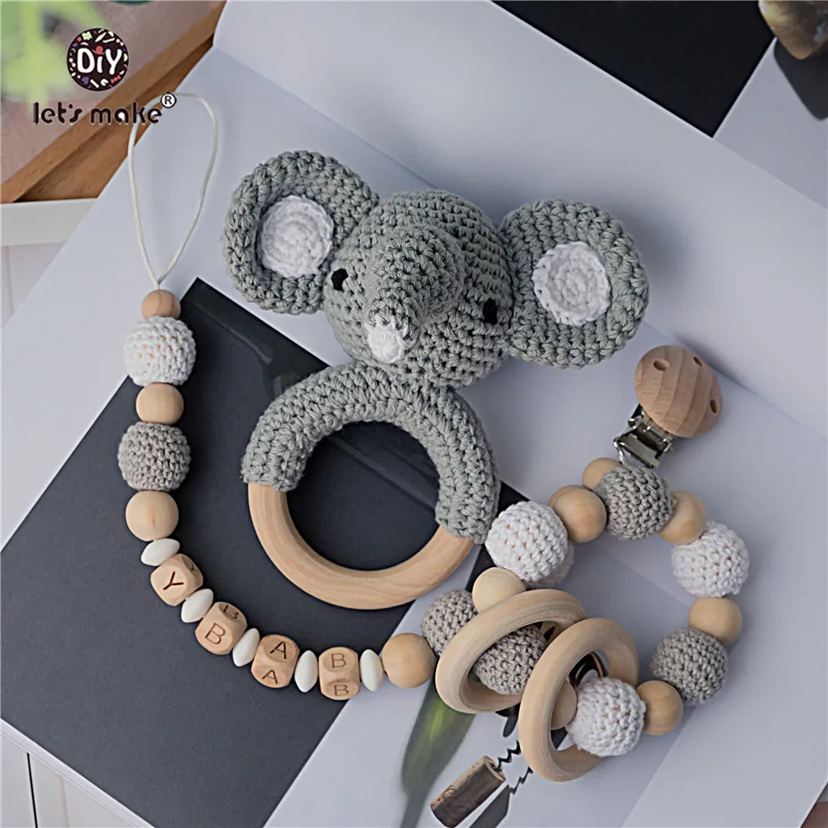 Let's Make Baby Rattle 1set Crochet Amigurumi Elephant Owl Custom Name Newborn Montessori Educational Wooden Rings Baby Toys   