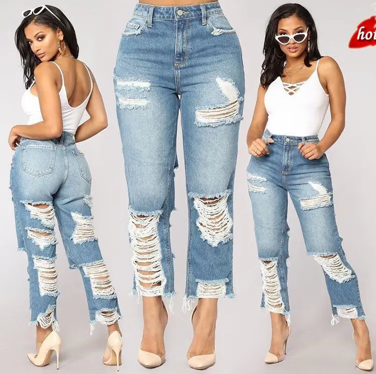 

2018 Plus Size Women Loose High Waist Jeans Hole Woman Boyfriend Ankle Length Pants Women Ripped Jeans for Women O8R2