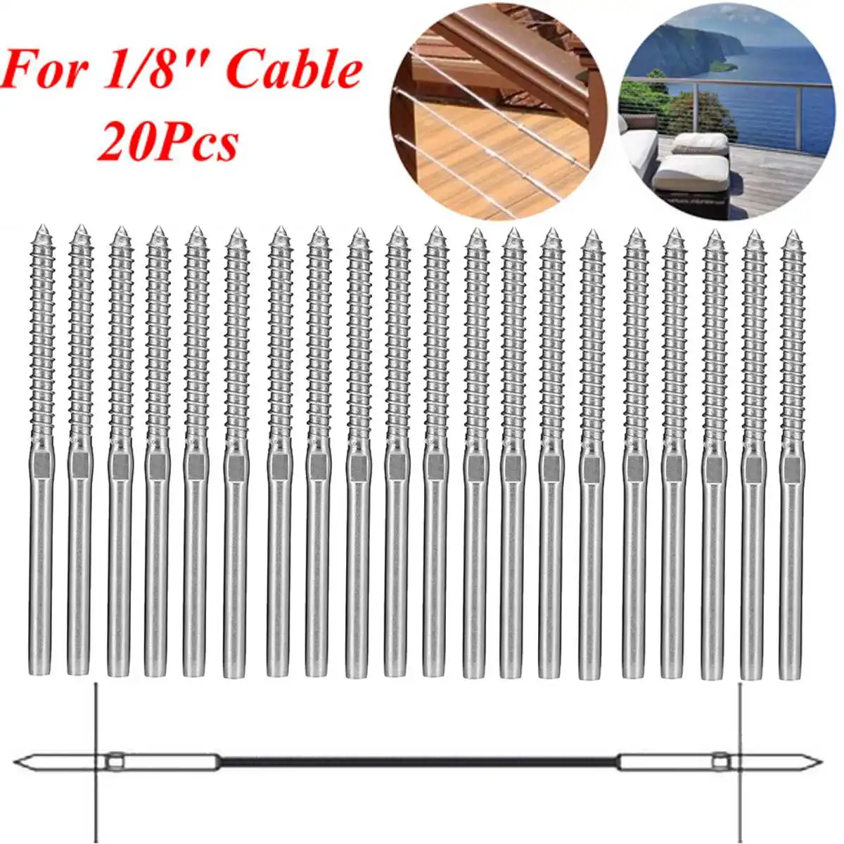 

20Pcs Stainless Steel Lag Swage Screw Scenic Spot Stairs Balustrade Cable Fixing Kit DIY Rope Railing Fence Tool For 3.2mm Cable