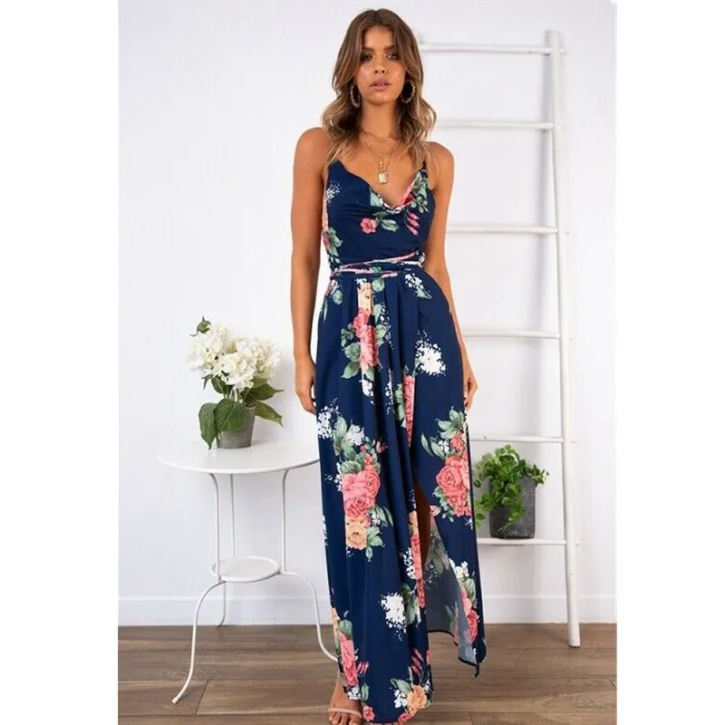 

Women's Summer Bohemian Long Dress Print V-Neck Halter Belt High Waist Long Casual Dress Belt Back Holiday Beach Dress