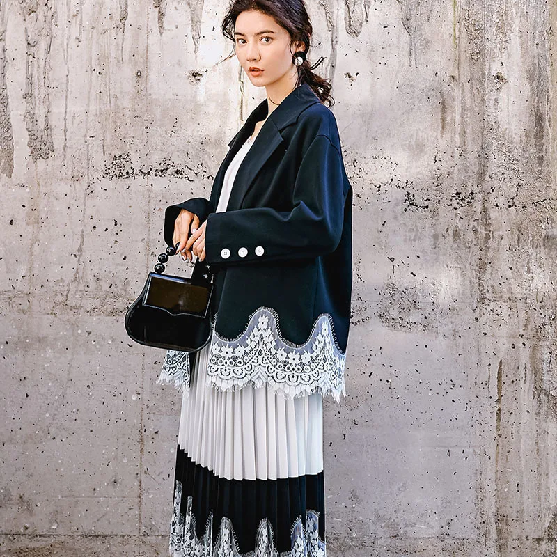 Couleur Q003 Bureau Black De Patchwork Ourlet Veste 2019 Blazers Design Dentelle Personnalité Contraste Femme Style Mode Nouveau IE92WHD