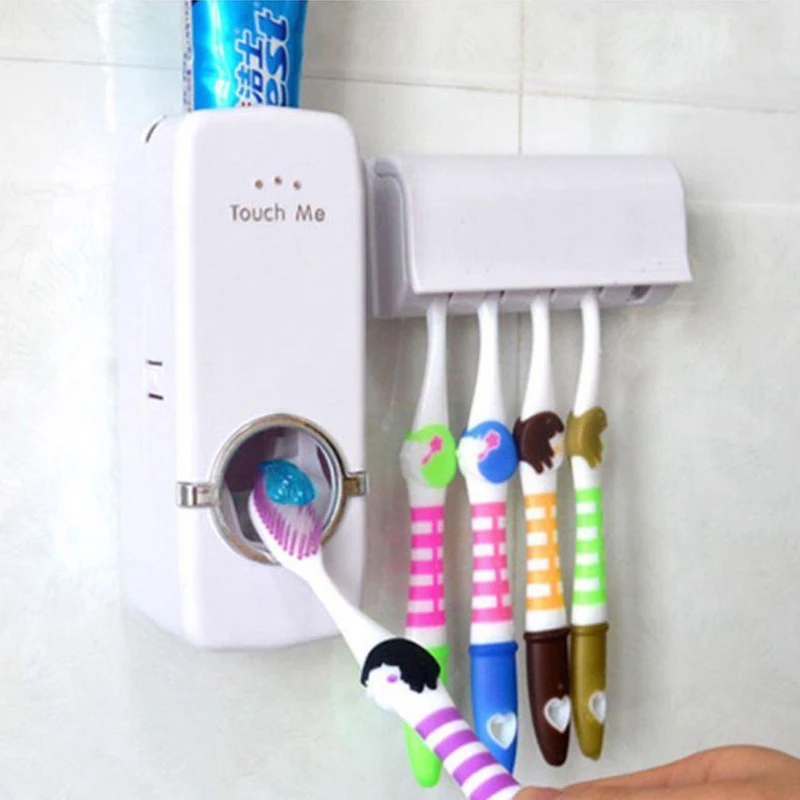 

2Pcs Creative Automatic Toothpaste Dispenser Squeezer+ 5 Toothbrush Holder Hanging Wall Bathroom Accessories
