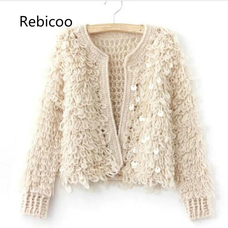 

new Retro sequin sweater women jumper knitting short coat knitted cardigan female hollow dames knitwear chaqueta mujer roupas