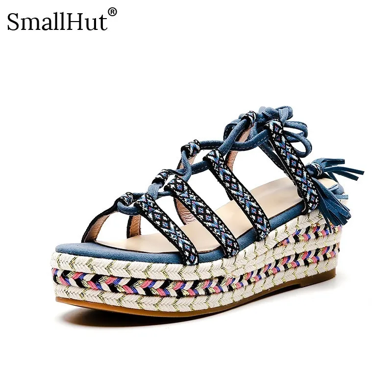 

Women Wedges Platform Sandals Summer Cross Strap Tassels Casual Shoes New Black Blue Lady Lace up Mixed Color Sandal F002