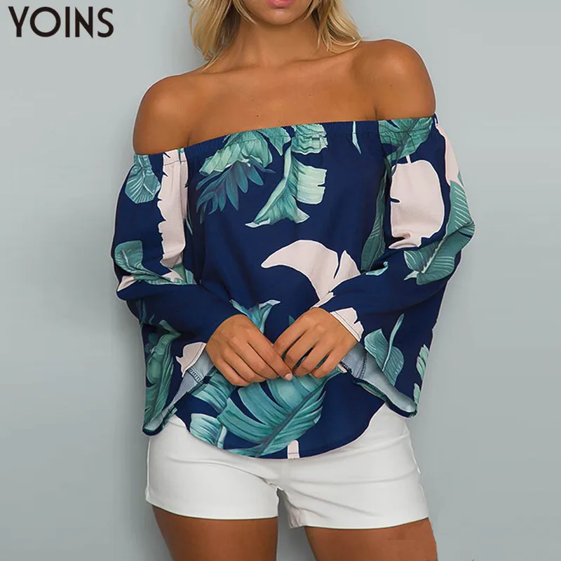 

Sexy Shash Neck Women Top Blouses YOINS 2019 Summer Cold Shoulder Backless Casual Tropical Style Leaf Printed Long Sleeve Shirts