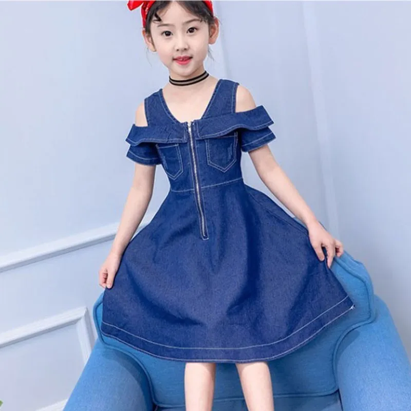 

New 2019 Ruffles Off Shoulder Denim Dresses For Teenage Girls Knee Length Summer Jean Dress Kids Party Children Dresses Clothing