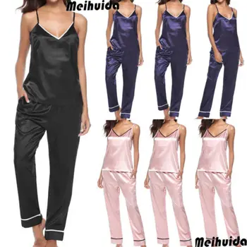 

Sexy Women Silk Satin Pajamas Set Sleepwear Loungewear Sleeveless Top Long Pants S-XL Nightwear Homewear 2Pcs